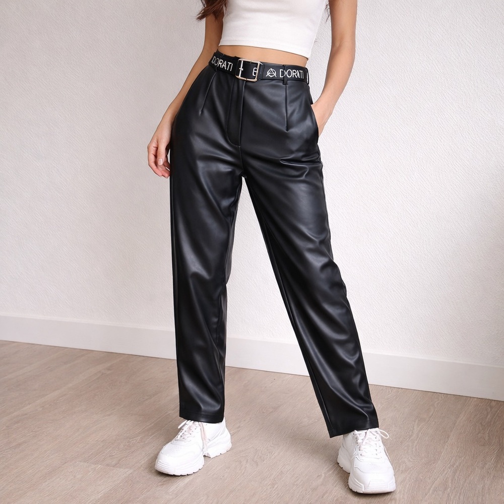 Black Faux Leather Straight Leg Pants w/ Logo Belt – High Waisted – Never Worn